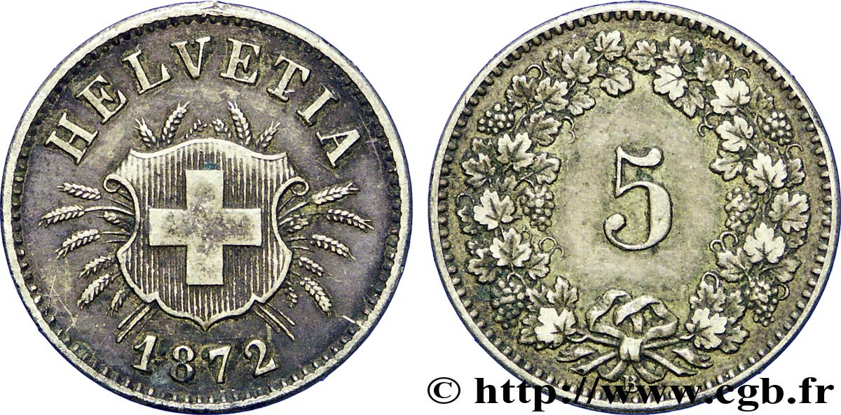 SUISSE 5 Centimes (Rappen) croix suisse 1872 Berne - B TTB+ 