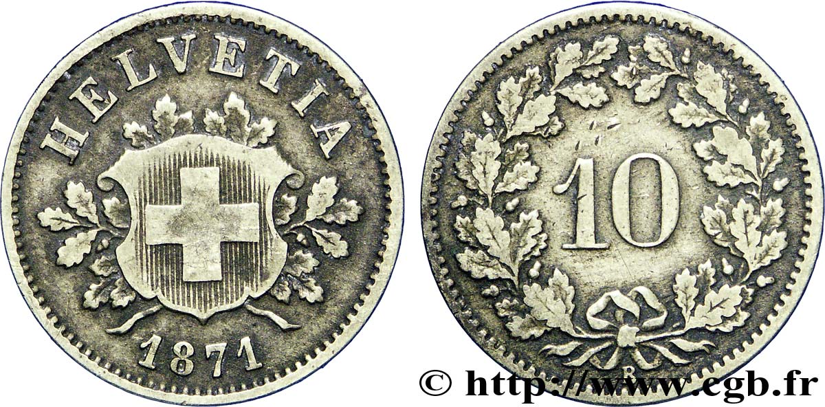 SUISSE 10 Centimes (Rappen) croix suisse 1871 Berne - B TTB 