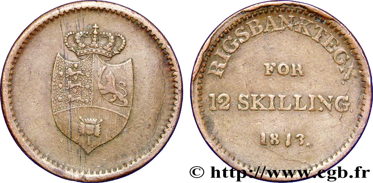 DANEMARK 12 Skilling Rigsbanktegn (jeton de la banque nationale) armes couronnée du Danemark, de Norvège et du Holstein 1813  TB+ 