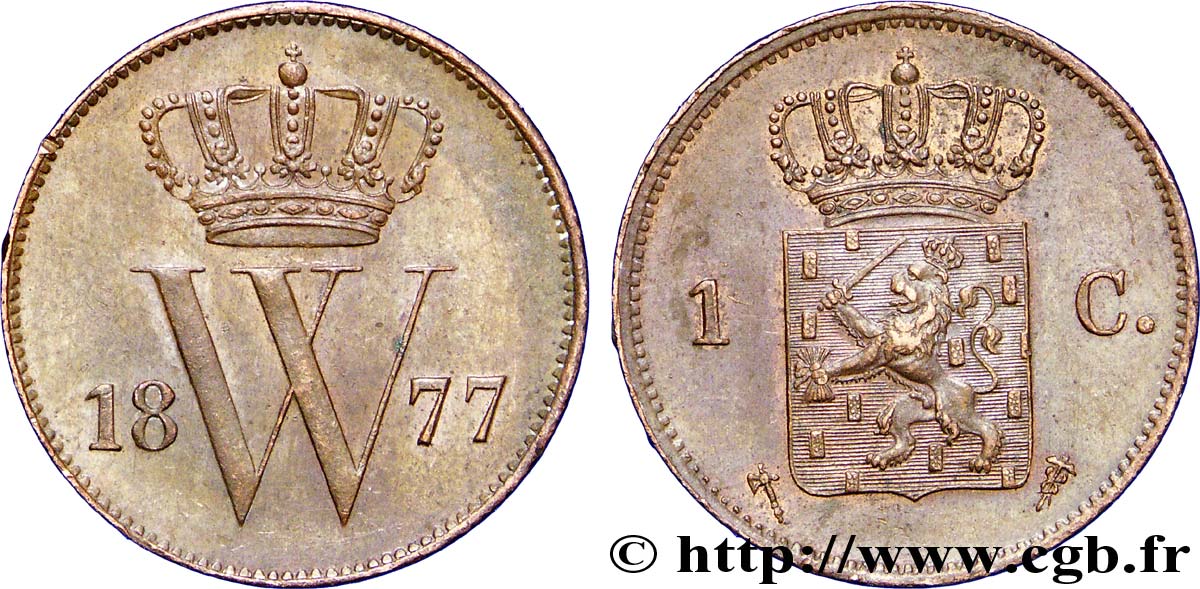 PAYS-BAS 1 Cent  emblème monogramme de Guillaume III 1877 Utrecht SUP 