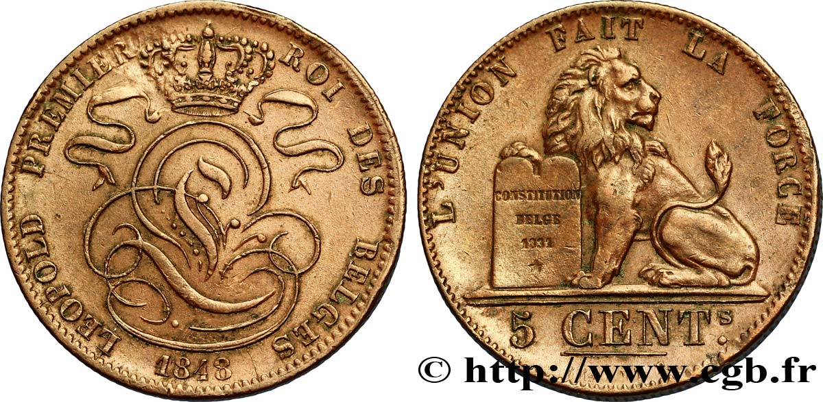 BELGIQUE 5 Centimes monogramme de Léopold Ier / lion 1848  TTB+ 