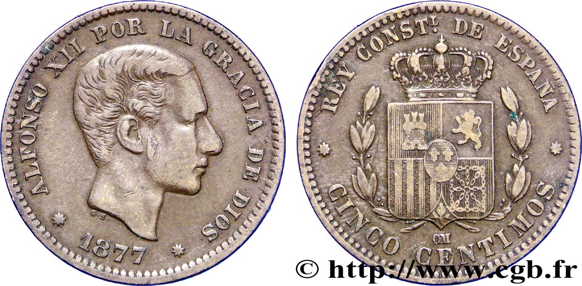 ESPAGNE 5 Centimos Alphonse XII / emblème couronné 1877 Oeschger Mesdach & CO TTB 