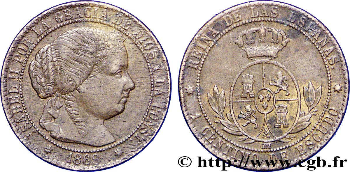 ESPAGNE 1 Centimo de Escudo Isabelle II / écu couronné 1868 Oeschger Mesdach & CO TTB 