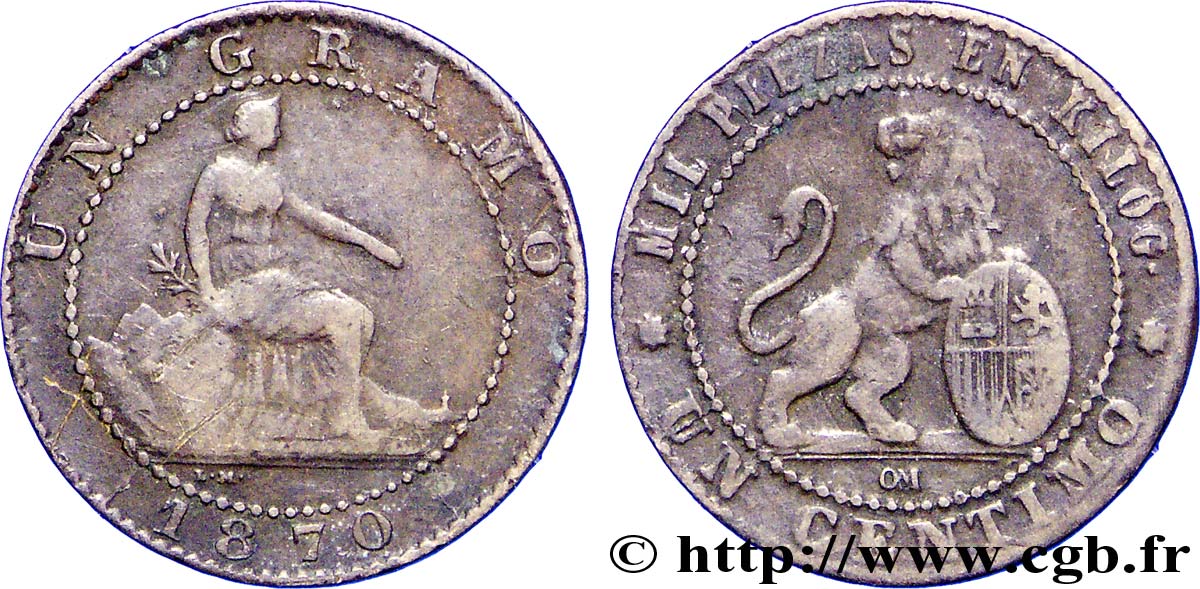 ESPAGNE 1 Centimo monnayage provisoire liberté assise / lion tenant un bouclier 1870 Oeschger Mesdach & CO TTB 