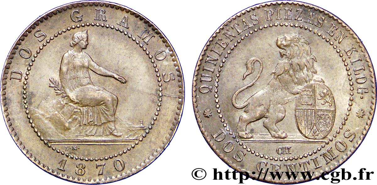 ESPAGNE 2 Centimos monnayage provisoire 1870 Oeschger Mesdach & CO SUP 