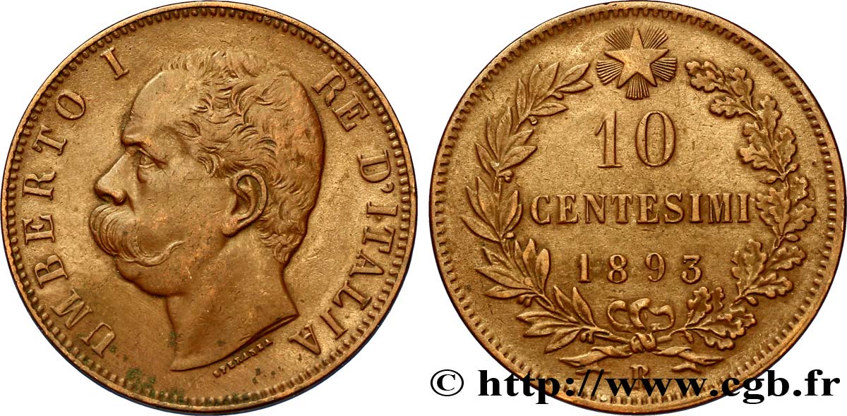 ITALIE 10 Centesimi Humbert Ier 1893 Rome - R TTB+ 