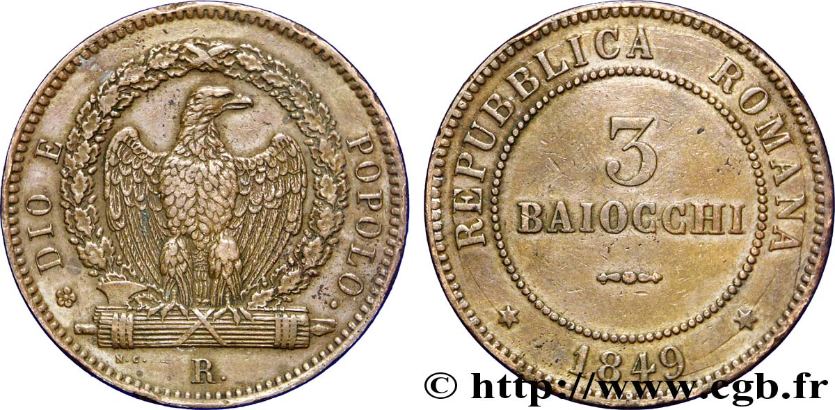 ITALIE - RÉPUBLIQUE ROMAINE 3 Baiocchi République Romaine aigle sur faisceaux 1849 Rome - R TTB 
