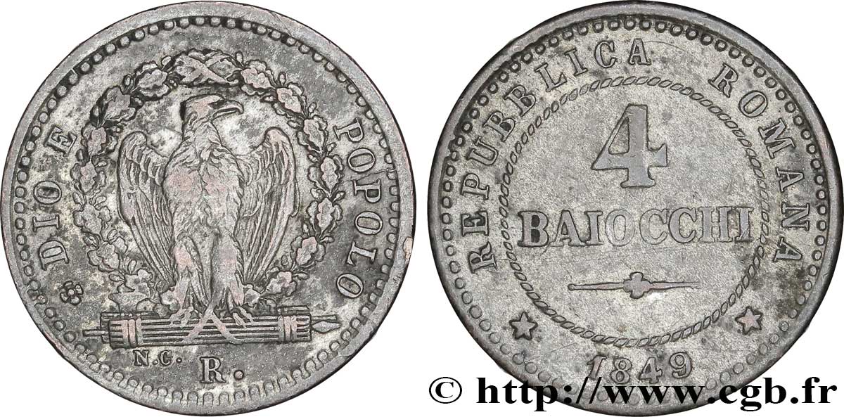 ITALIE - RÉPUBLIQUE ROMAINE 4 Baiocchi République Romaine aigle sur faisceaux 1849 Rome - R TTB 