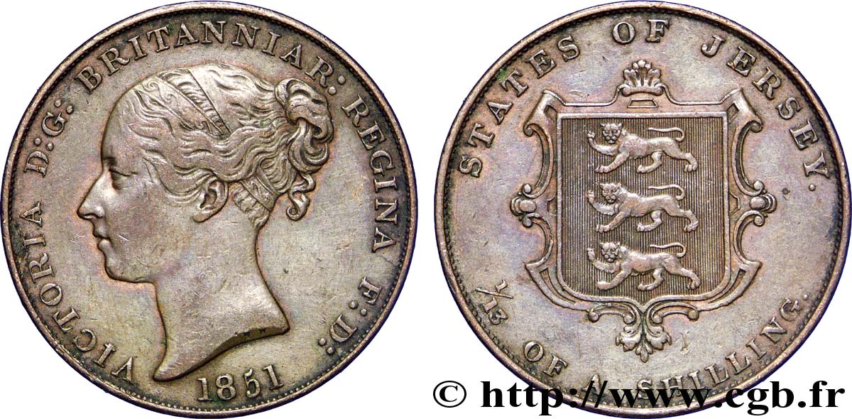 JERSEY 1/13 Shilling Reine Victoria / armes du Baillage de Jersey 1851  TTB 