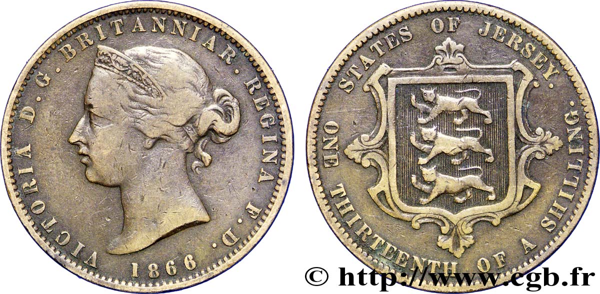 JERSEY 1/13 Shilling Reine Victoria / armes du Baillage de Jersey 1866  TB+ 