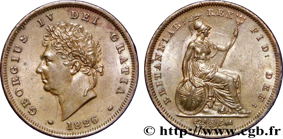 ROYAUME-UNI 1 Penny Georges IV tête laurée / Britannia 1826  SUP 