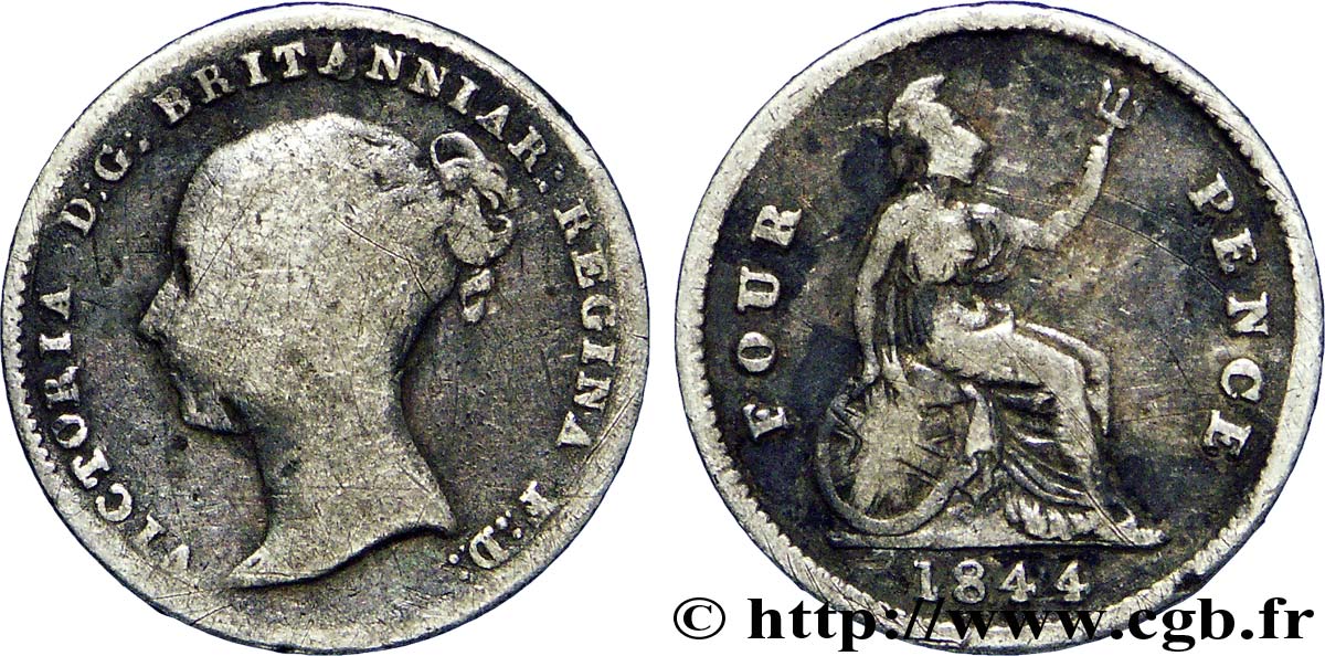 ROYAUME-UNI 4 Pence ou groat Victoria / Britannia assise 1844 Londres B+ 