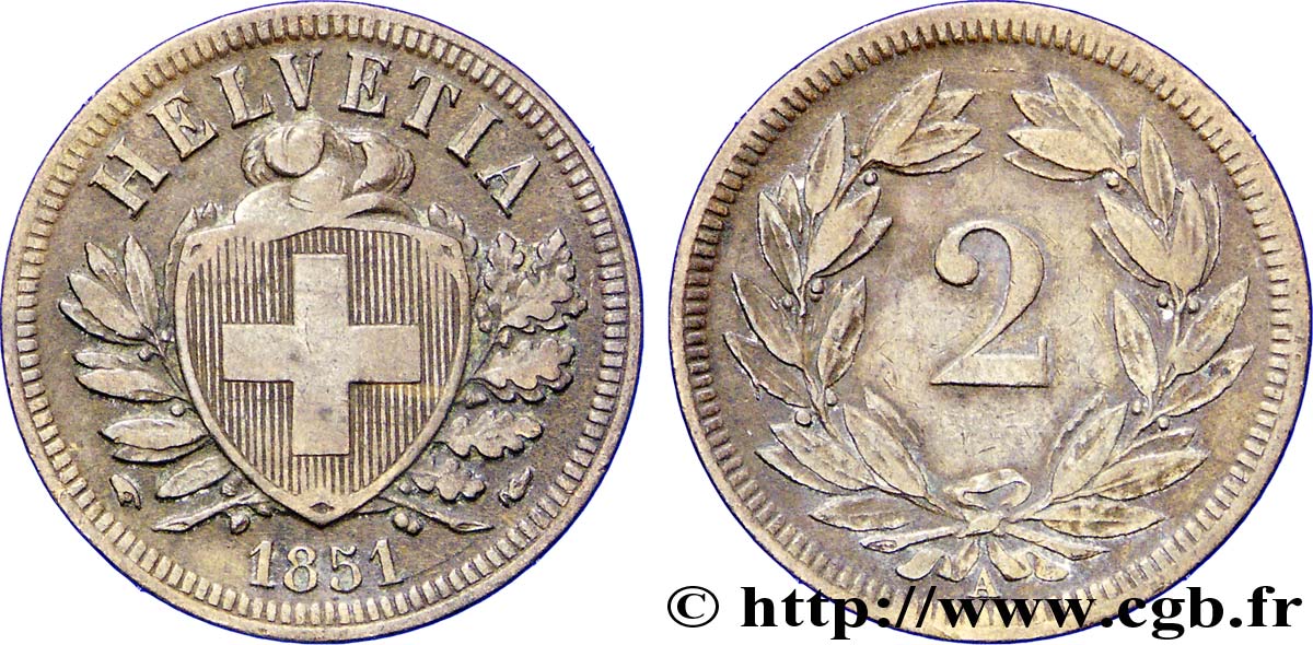 SUISSE 2 Centimes (Rappen) croix suisse 1851 Paris - A TTB 