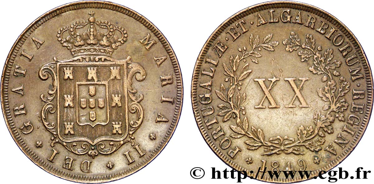 PORTUGAL 20 Réis au nom de Marie II (Maria) 1849  TTB+ 