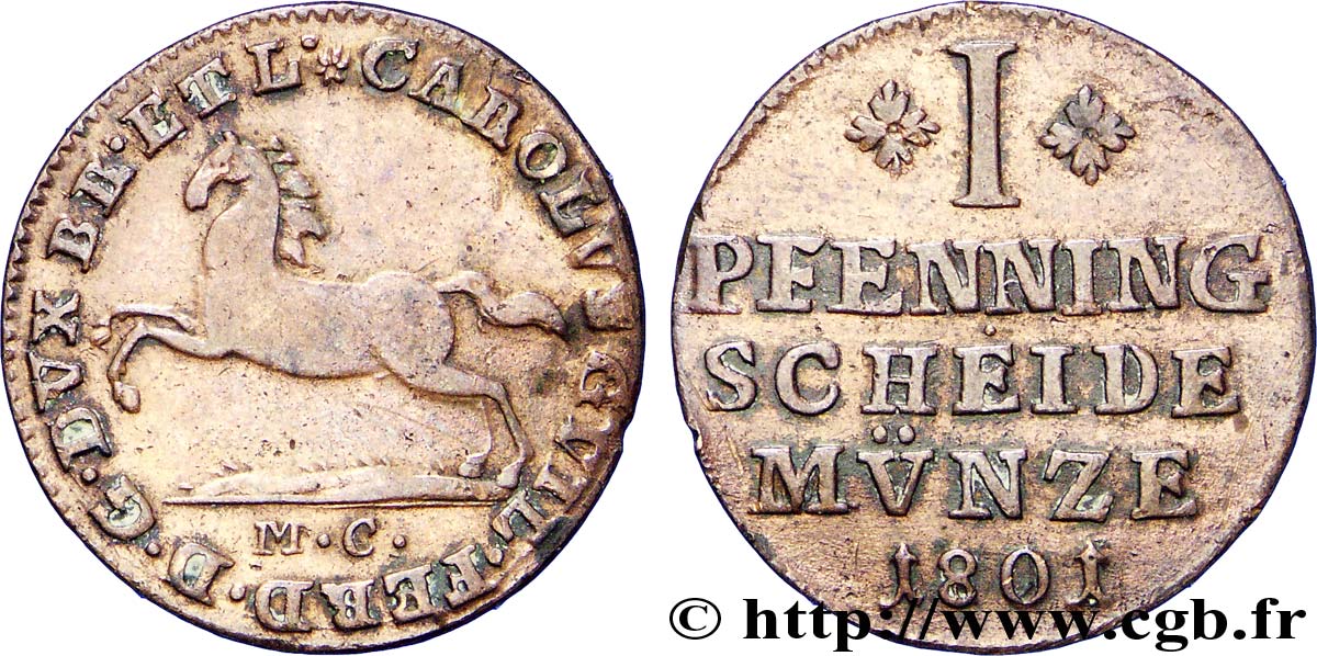 ALLEMAGNE - BRUNSWICK-WOLFENBUTTEL 1 Pfennig frappe au nom de Charles Guillaume Ferdinand Brunswick-Wolfenbüttel type au cheval bondissant 1801  TTB 