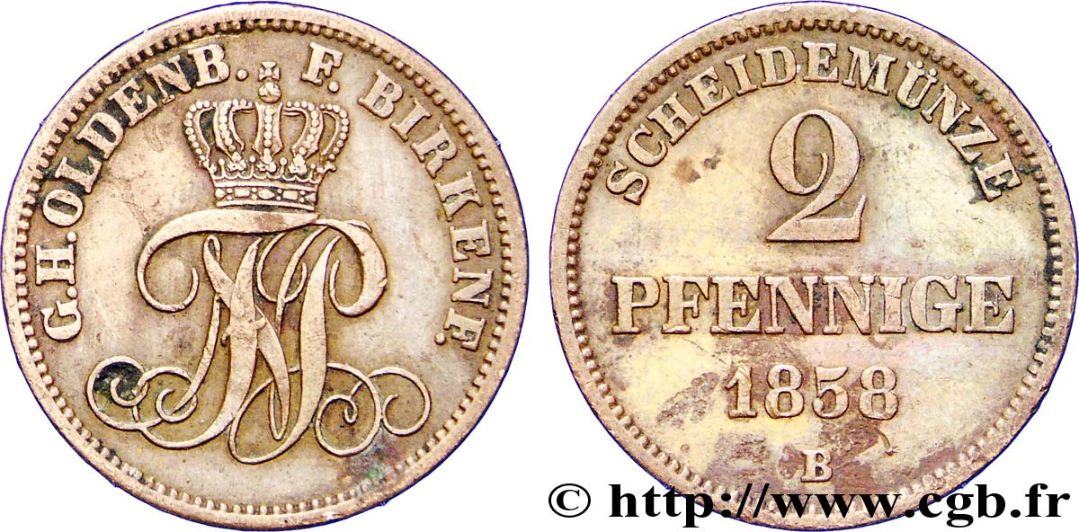 ALLEMAGNE - OLDENBOURG 2 Pfennige monogramme de Nicolas Frédéric Pierre grand-duc 1858 Hanovre TTB 