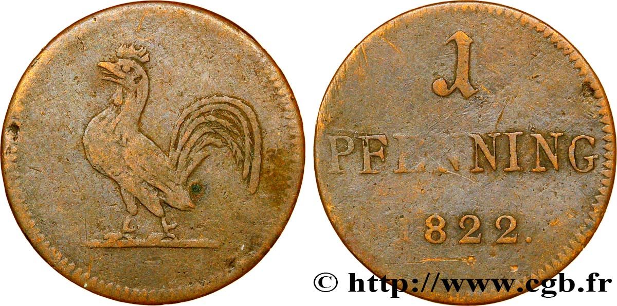 ALLEMAGNE - VILLE LIBRE DE FRANCFORT 1 Judenpfenning Francfort monnaie de nécessité au coq 1822  TB+ 