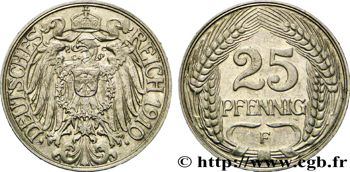 ALLEMAGNE 25 Pfennig Empire aigle impérial 1910 Stuttgart - F SUP 