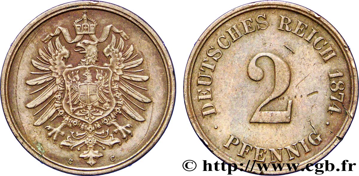 ALLEMAGNE 2 Pfennig aigle impérial 1874 Francfort - C TTB 