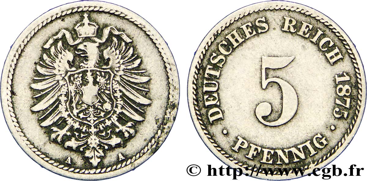 ALLEMAGNE 5 Pfennig aigle impérial 1875 Berlin TB+ 