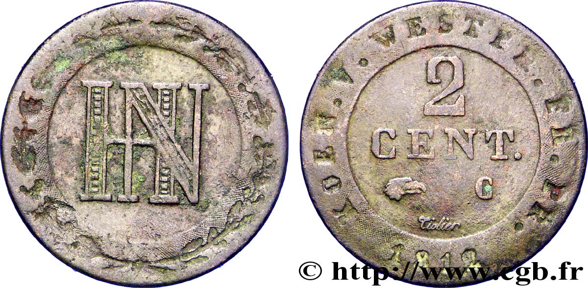 ALLEMAGNE - ROYAUME DE WESTPHALIE 2 Cent. monogramme de Jérôme Napoléon 1812 Cassel - C TB+ 