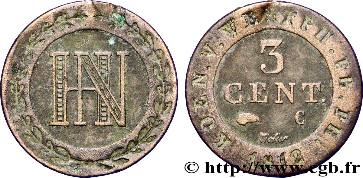 ALLEMAGNE - ROYAUME DE WESTPHALIE 3 Cent. monogramme de Jérôme Napoléon 1812 Cassel - C TB 