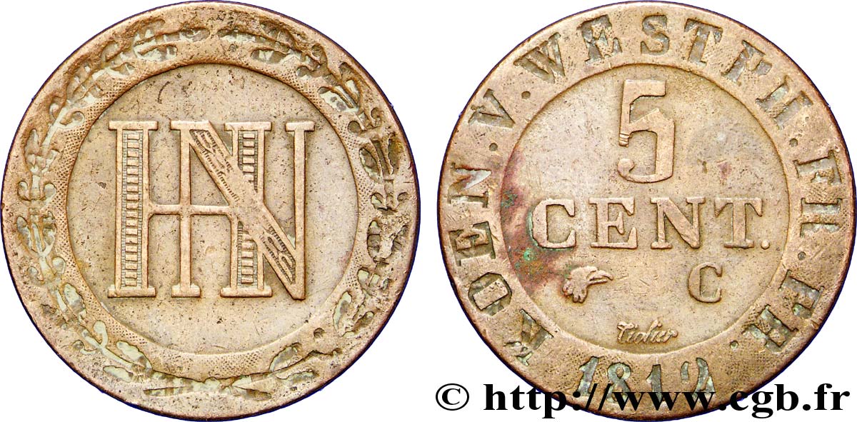 ALLEMAGNE - ROYAUME DE WESTPHALIE 5 Cent. monogramme de Jérôme Napoléon 1812 Cassel - C TB+ 