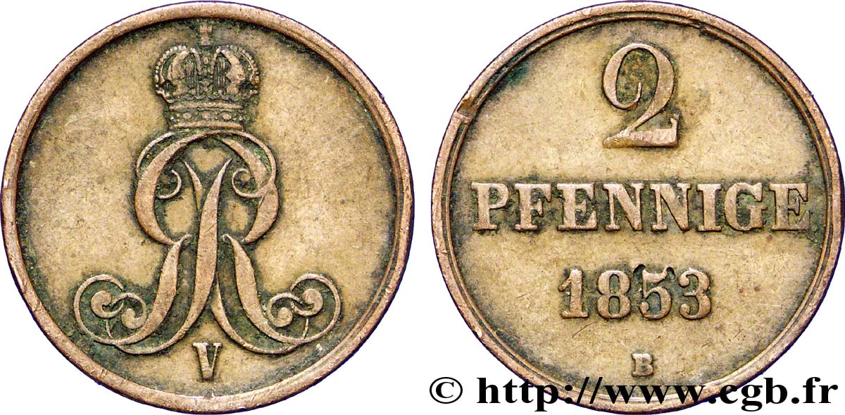 ALLEMAGNE - HANOVRE 2 Pfennige Royaume de Hanovre monograme GR (roi Georges V=) 1853  TTB 