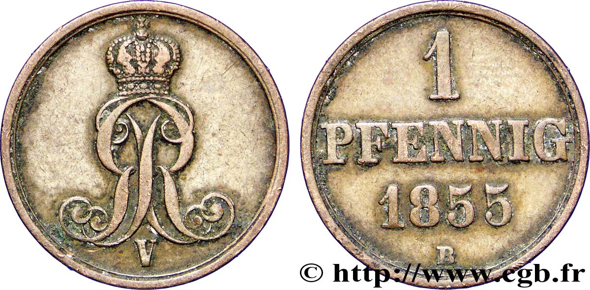 ALLEMAGNE - HANOVRE 1 Pfennig Royaume de Hanovre monograme GR (roi Georges V) 1855 Hanovre TTB 