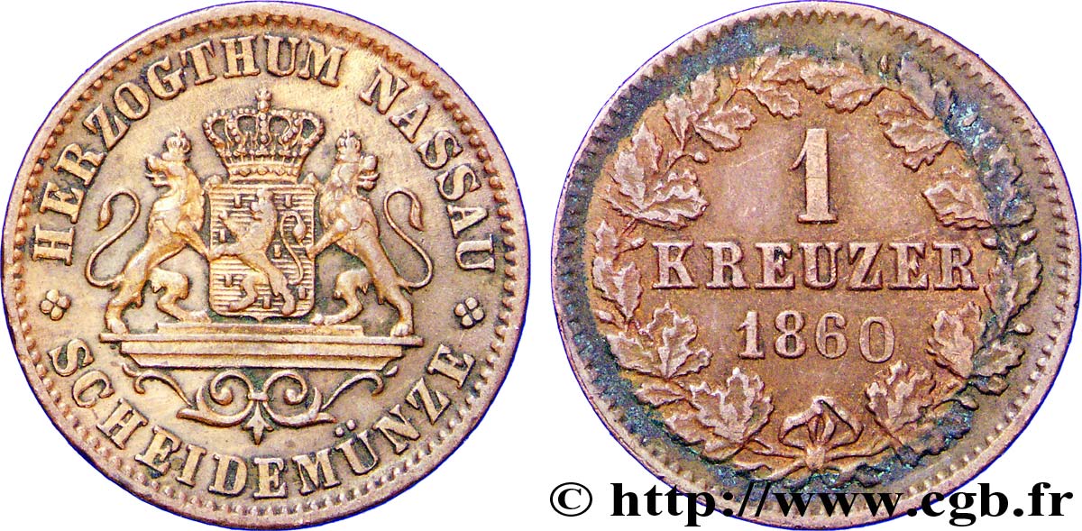 ALLEMAGNE - NASSAU 1 Kreuzer Grand-Duché de Nassau 1861  TTB 