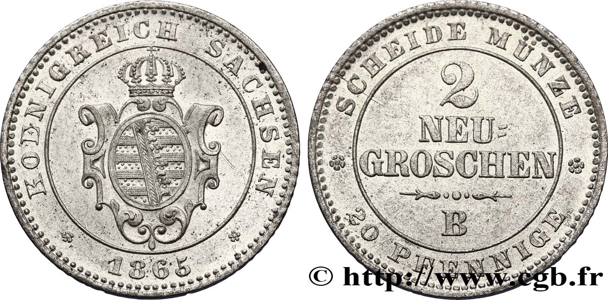 ALLEMAGNE - SAXE 2 Neugroschen Royaume de Saxe, blason 1865 Dresde - B SUP 
