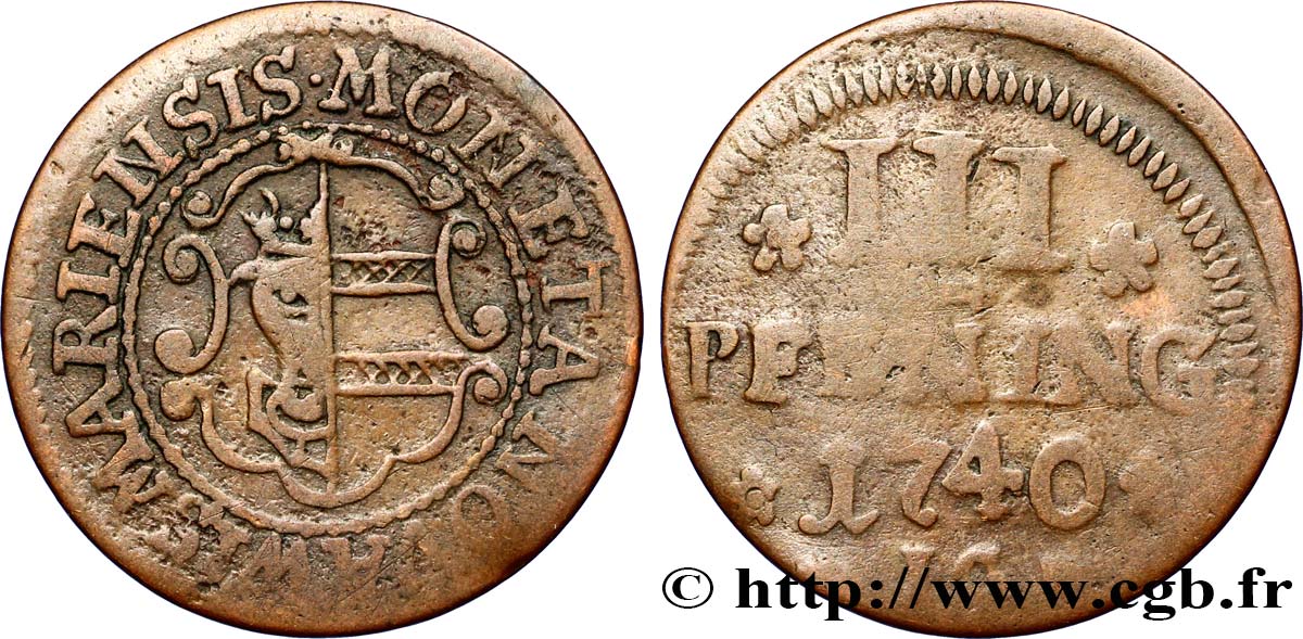 ALEMANIA - WISMAR III Pfening emblème 1740  BC+ 
