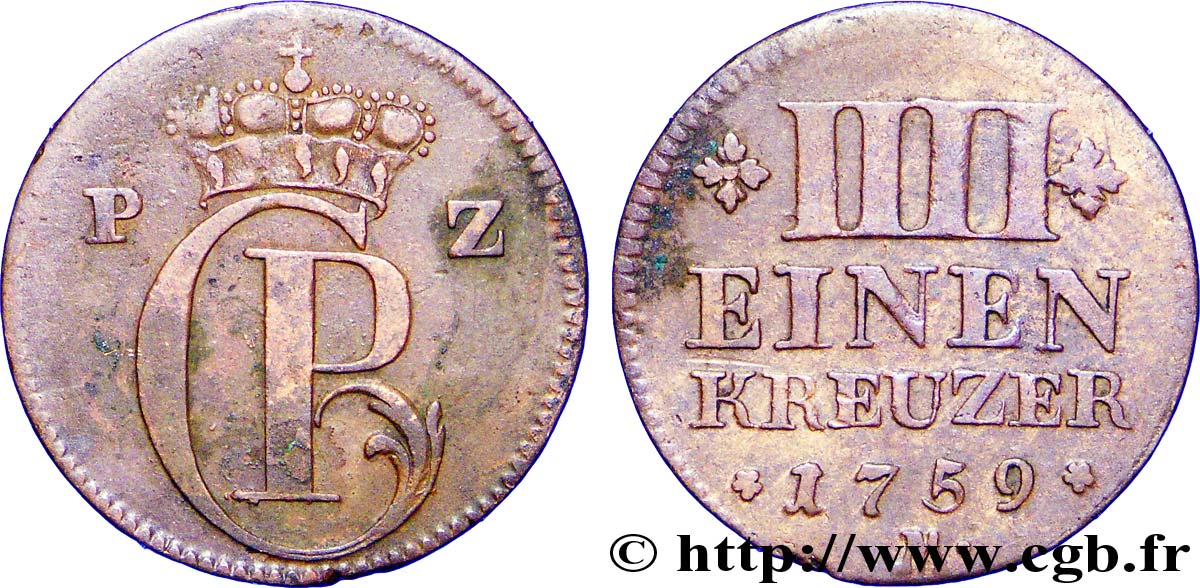 ALLEMAGNE - PALATINAT-DEUX-PONTS 1/4 Kreuzer monogramme de Christian IV 1759  TTB 