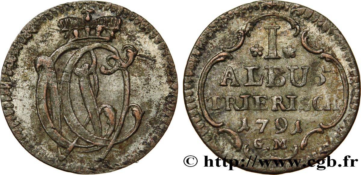 ALLEMAGNE - TRÈVES 1 Albus monogramme du prince-archevêque Clément Wenzel de Saxe 1791  TTB+ 