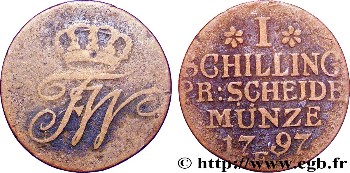 ALLEMAGNE - PRUSSE 1 Schilling monogramme de Frédéric-Guillaume roi de Prusse 1797 Konisgberg - E TB 