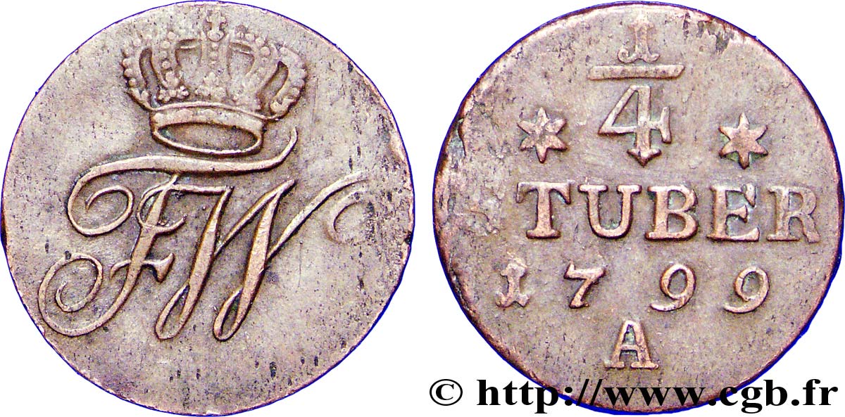 ALLEMAGNE - PRUSSE 1/4 Stuber monogramme de Frédéric-Guillaume III roi de Prusse 1799 Berlin TTB 