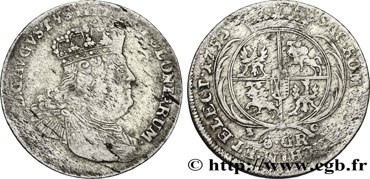 POLOGNE 8 Groschen Auguste III de Saxe / armes 1753  TB+ 