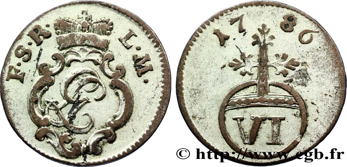 ALLEMAGNE - SCHWARZBOURG-RUDOLSTADT VI Pfennig monogramme de Ludwig Gunther II 1786  TTB+ 