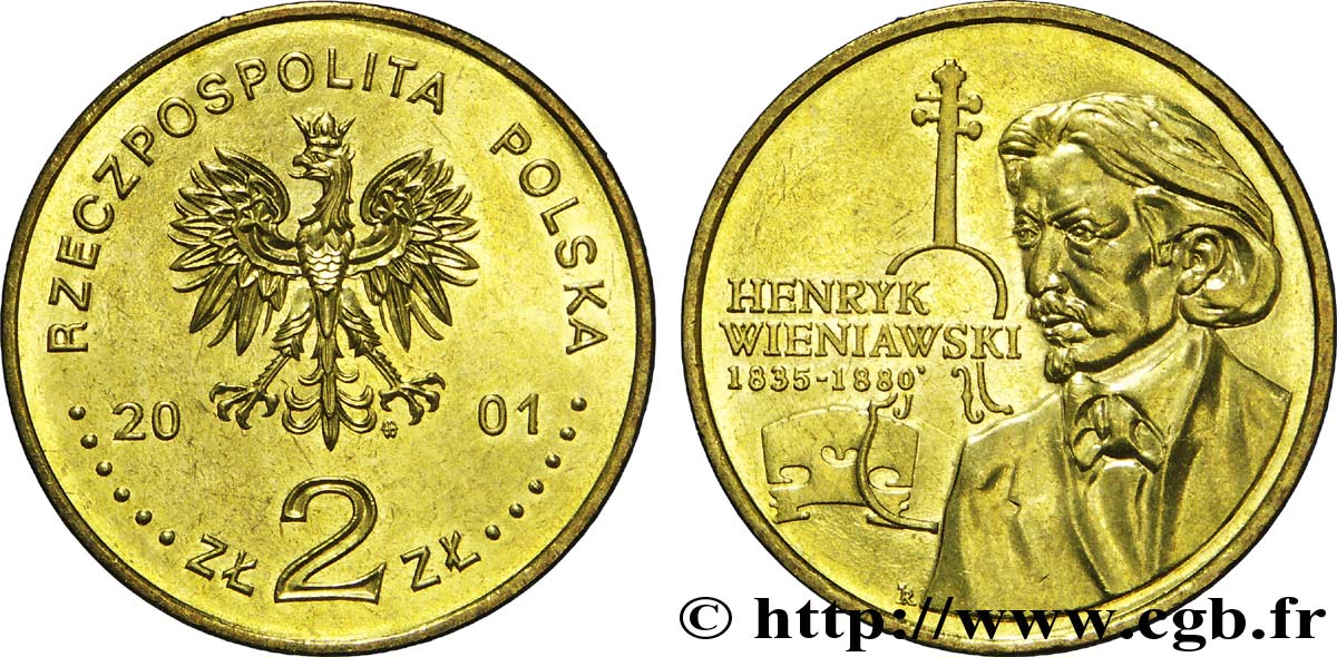 POLOGNE 2 Zlote aigle / le violoniste et composteur Henryk Wieniawski 2001 Varsovie SPL 