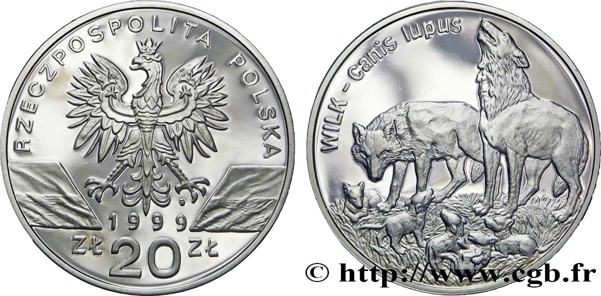 POLONIA 20 Zlotych aigle héraldique / loups et louveteaux 1999 Varsovie EBC 