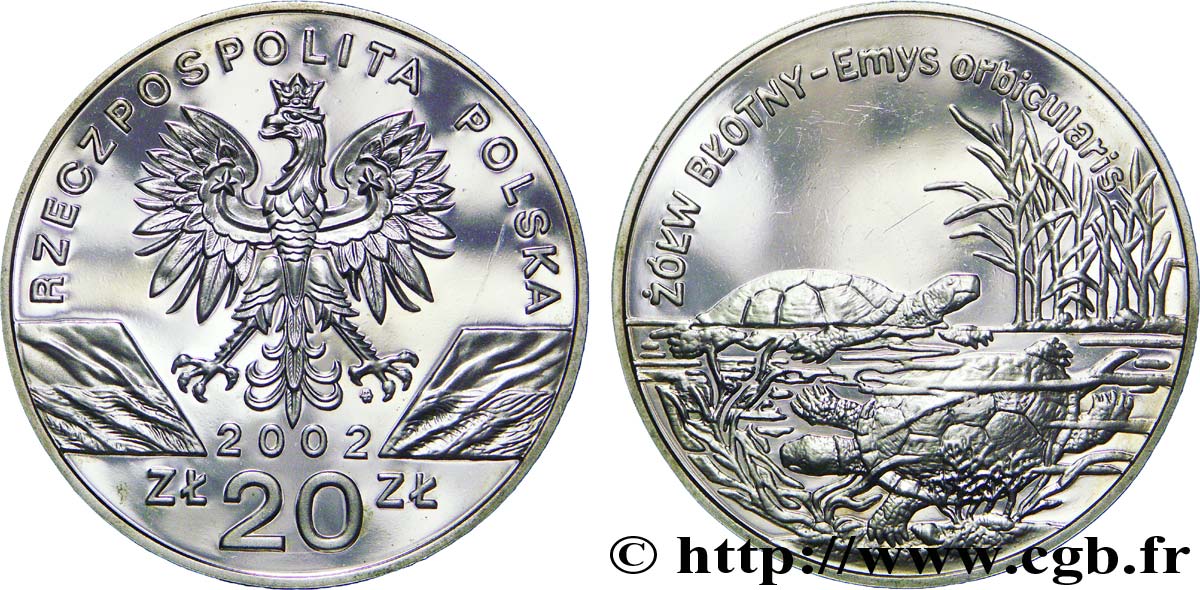 POLOGNE 20 Zlotych aigle héraldique / tortues d’eau douce 2002 Varsovie SUP 
