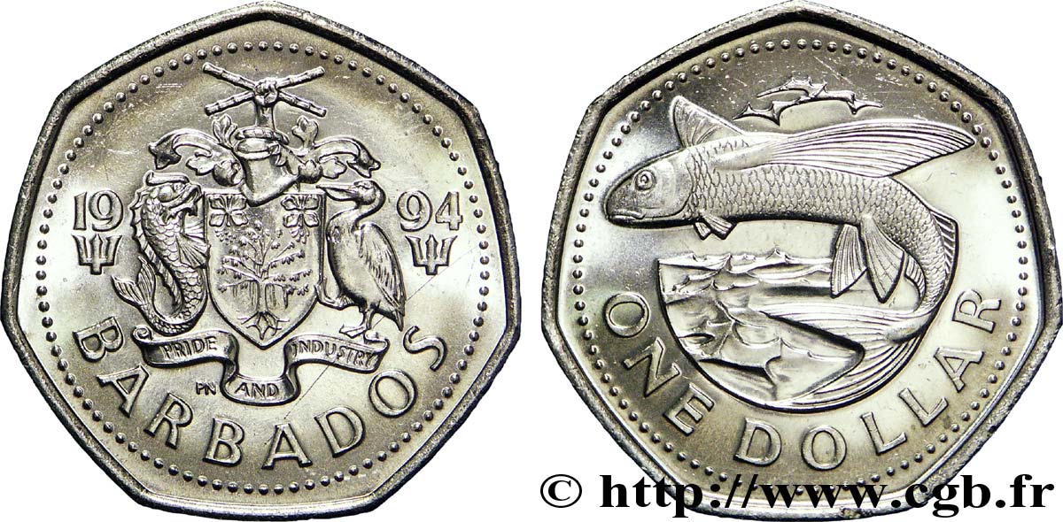 BARBADE 1 Dollar emblème / poisson volant 1994  SPL 