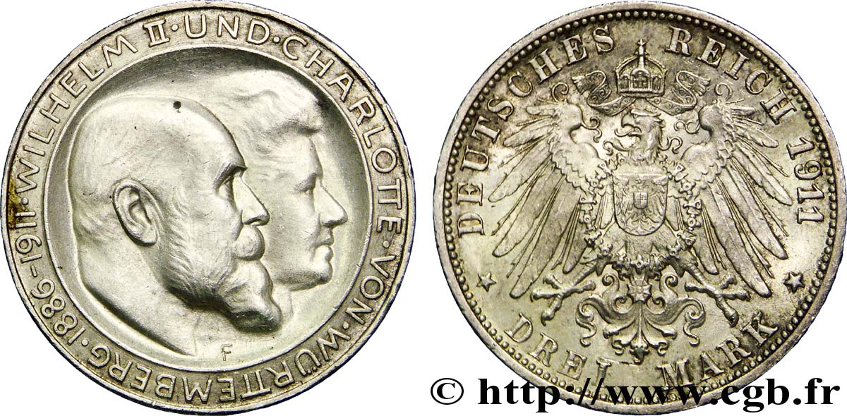 GERMANY - WÜRTTEMBERG 3 Mark  Guillaume II et Charlotte 1911 Stuttgart - F AU 