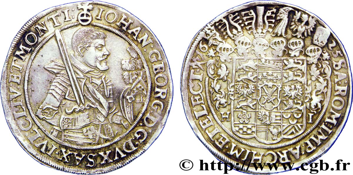 ALLEMAGNE - SAXE 1 Thaler Duché de Saxe, Jean-Georges Ier en armure / écu aux heaumes 1625  TTB+ 