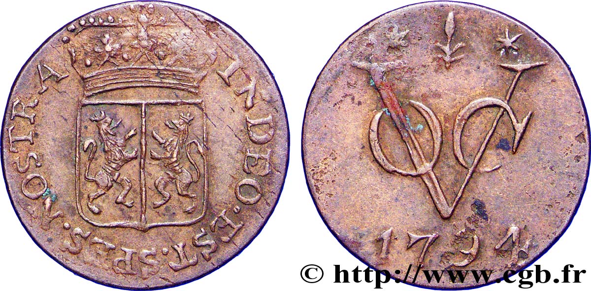 INDES NEERLANDAISES 1 Duit armes de Gelderland / monogramme de la Verenigde Oost-Indische Compagnie (VOC) 1794  TTB 