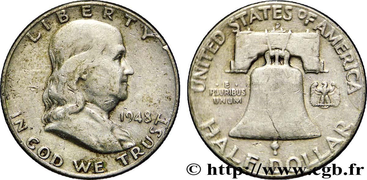 ÉTATS-UNIS D AMÉRIQUE 1/2 Dollar Benjamin Franklin 1948 Denver TB+ 