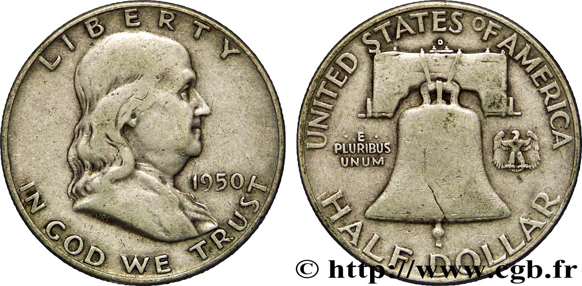ÉTATS-UNIS D AMÉRIQUE 1/2 Dollar Benjamin Franklin 1950 Denver TB+ 
