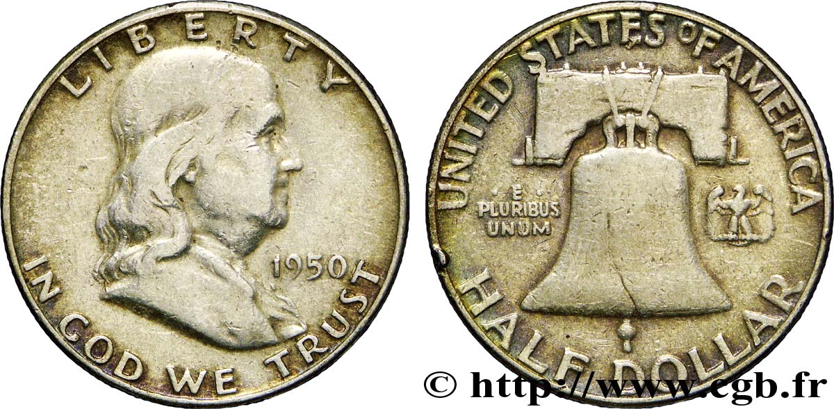 ÉTATS-UNIS D AMÉRIQUE 1/2 Dollar Benjamin Franklin 1950 Philadelphie TB+ 
