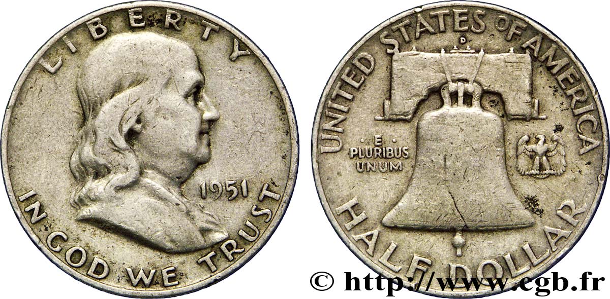 ÉTATS-UNIS D AMÉRIQUE 1/2 Dollar Benjamin Franklin 1951 Denver TB 