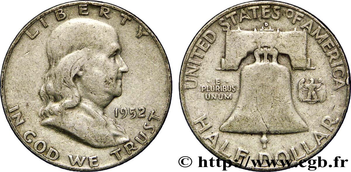 ÉTATS-UNIS D AMÉRIQUE 1/2 Dollar Benjamin Franklin 1952 Denver TB+ 